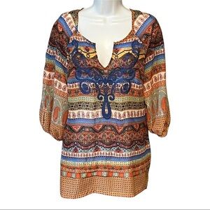 Nick & Mo Embroidered Shift Dress Multi-Color Paisley V-Neck Long Puff Sleeve
